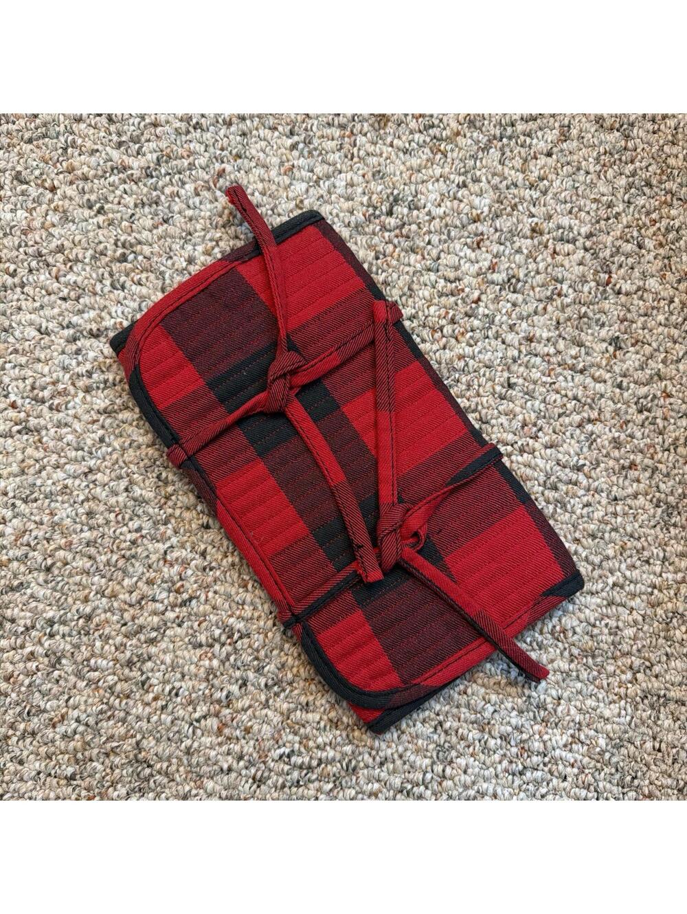 Pottery barn red buffalo print travel jewelry roll case